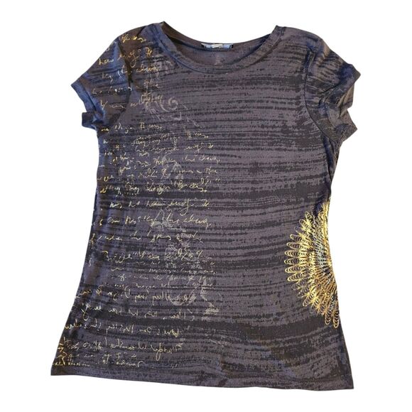 VTG Y2K Express Rhinestone Baby Tee Top Graphic T-shirt Black Gold Med Sparkle - Picture 2 of 11